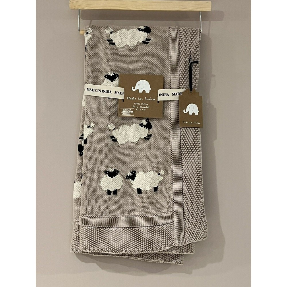 New MADE IN INDIA Cotton Knit Sheep Lamb Baby Blanket Beige Light Brown Throw